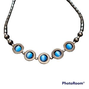Hand made moving bezel iridescent blue necklace